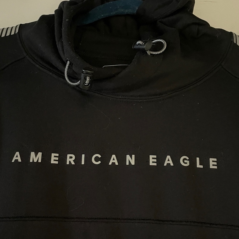 American Eagle Size XL Black Hoodie Warm Poly/Elastane Gray Accents on Sleeves - Picture 5 of 9